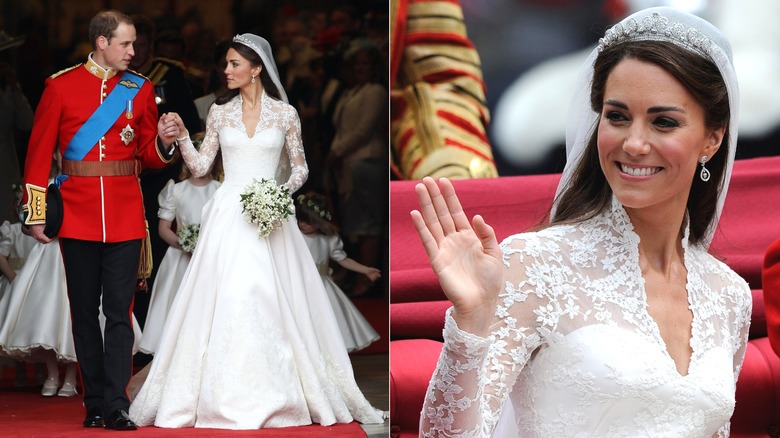 Image partagée de Kate Middleton le jour de son mariage, tenant la main du prince William et saluant en gros plan