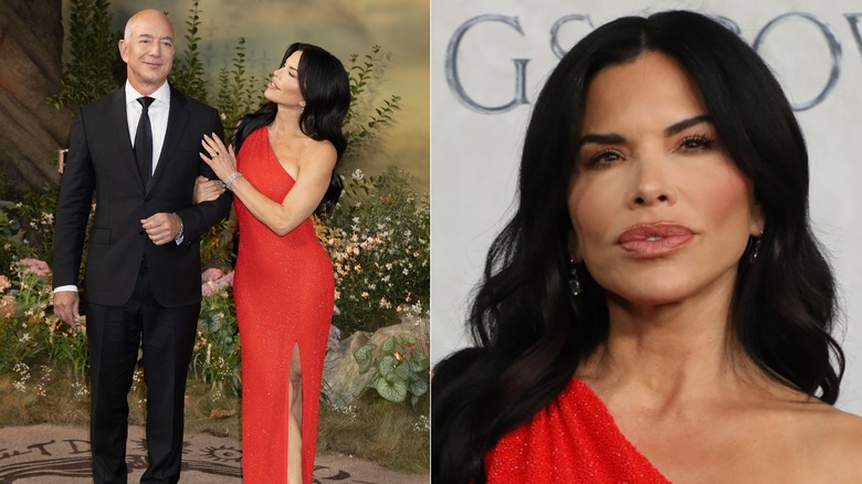 Lauren Sánchez Bezos dans une robe rouge à une épaule en train de marcher 