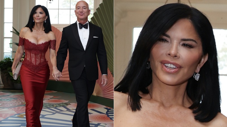Lauren Sánchez Bezos dans une robe rouge à la Maison Blanche, tenant la main de Jeff Bezos et un gros plan de son visage lors du même événement, côte à côte