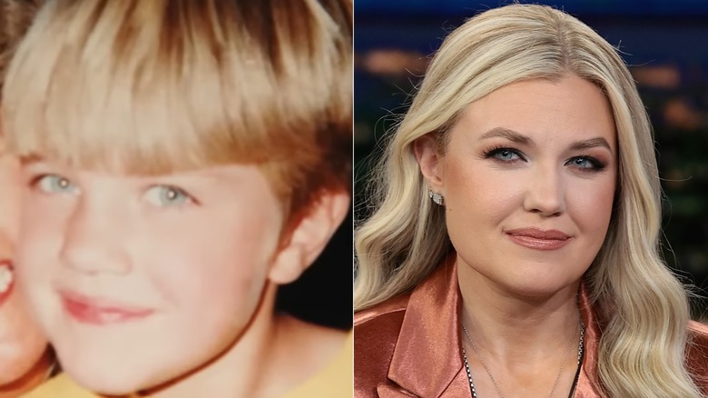 La jeune Erika Kirk souriante avec les cheveux courts à côté de la photo d'Erika Kirk avec les cheveux longs