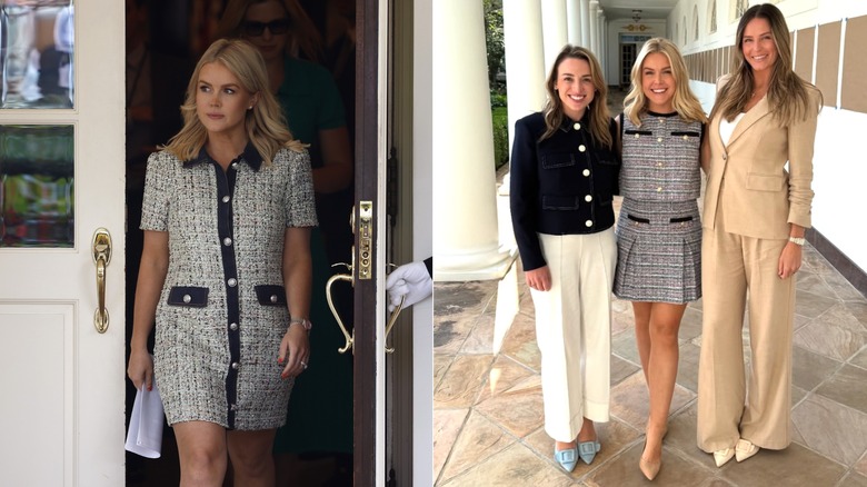 Une photo de Karoline Leavitt sortant de la Maison Blanche en robe courte et une photo sur Instagram de Leavitt debout avec deux autres femmes
