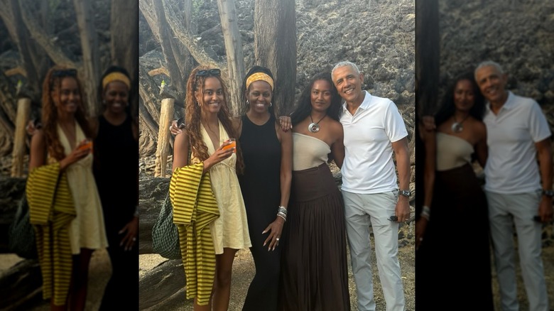 Malia, Michelle, Sasha et Barack Obama sourient pour une photo