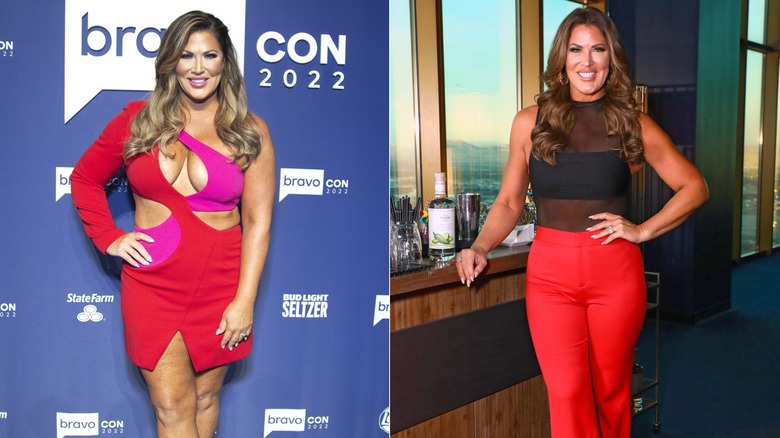 Emily Simpson posant sur le tapis rouge en 2022 et lors d'un événement en 2023, photos côte à côte