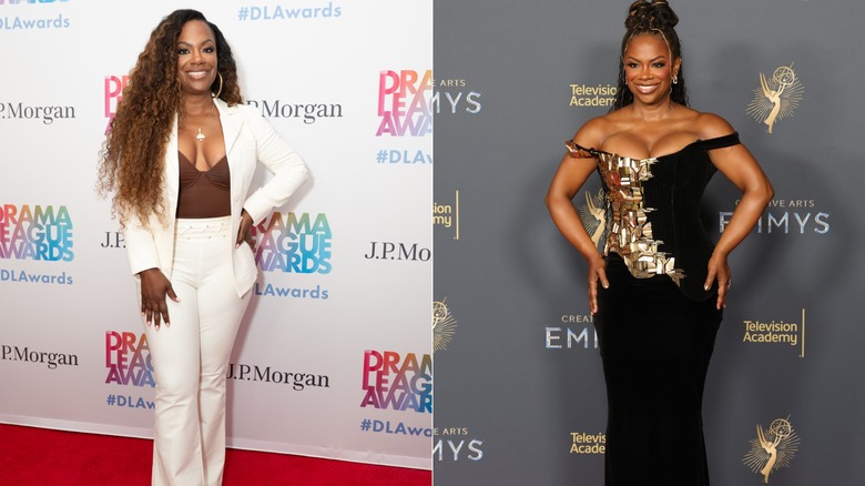 Kandi Burruss souriant sur le tapis rouge en 2024 et en 2025, photos côte à côte