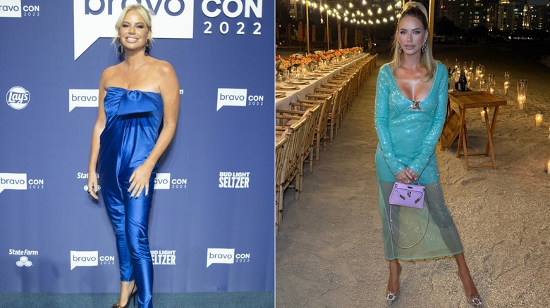 Caroline Stanbury posant sur le tapis rouge en 2022 et posant sur la plage en 2024, photos côte à côte