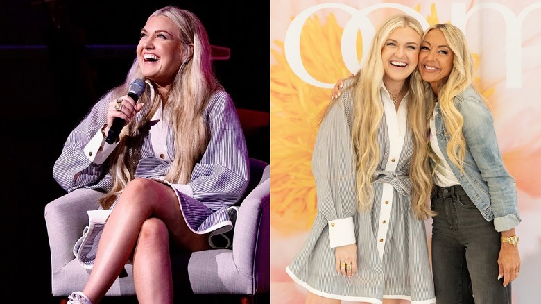 Erika Kirk sur scène dans une robe carrée rayée et des baskets