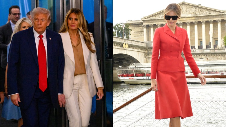 Melania en tenue blanche et camel avec Donald Trump en 2025 et en tenue entièrement rouge en extérieur en 2017