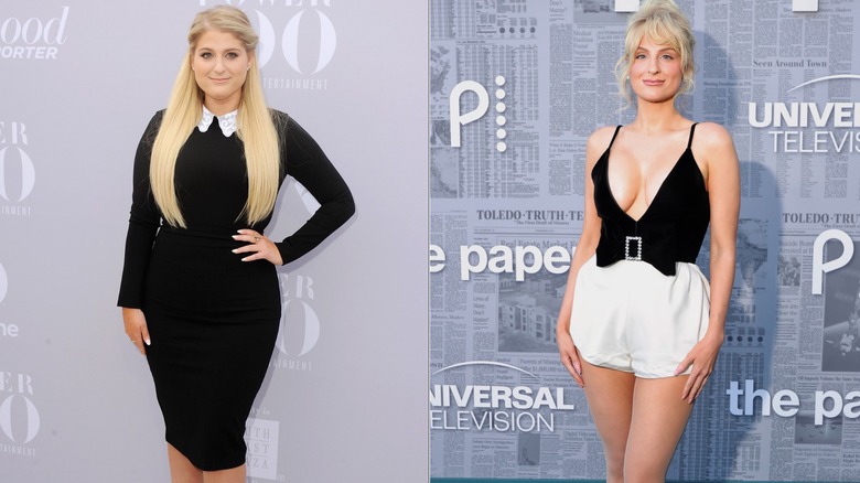 Meghan Trainor sur le tapis rouge en robe noire en 2015 et en tenue noir et blanc en 2025, photos côte à côte