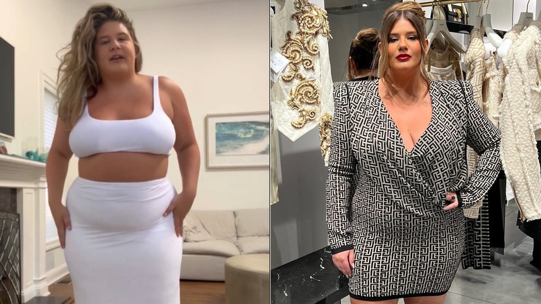 Remi Bader posant en tenue blanche en 2022 et en robe noire en 2023, photos côte à côte