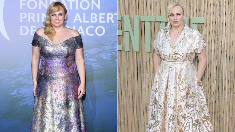 Rebel Wilson sur le tapis rouge en 2024 dans une robe longue et portant une robe dorée sur le tapis rouge en 2025, photos côte à côte