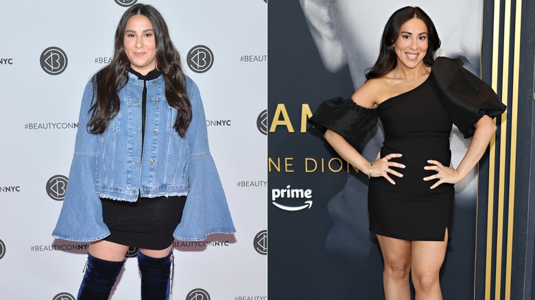 Claudia Oshry sur le tapis rouge en veste en jean en 2017 et sur le tapis rouge en mini-robe noire en 2024, photos côte à côte