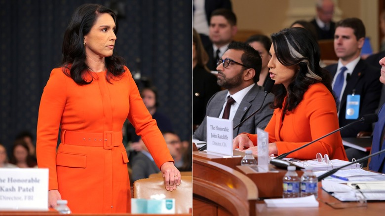 Photos côte à côte de Tulsi Gabbard témoignant devant une audience annuelle d'évaluation des menaces mondiales au bâtiment de bureaux de Longworth House le 26 mars 2025.