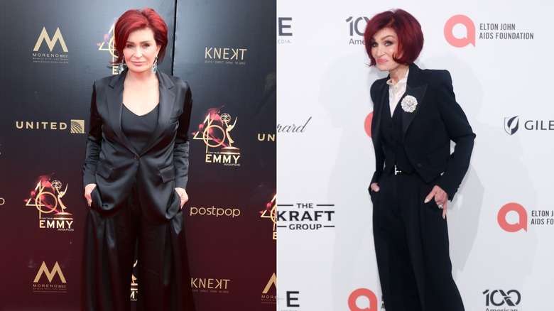 G : Sharon Osbourne à la cérémonie des Daytime Emmy Awards 2019 au Pasadena Convention Center le 5 mai 2019 / D : Sharon Osbourne assiste à la 34e soirée annuelle de visionnage des Oscars de la Elton John AIDS Foundation le 15 mars 2026
