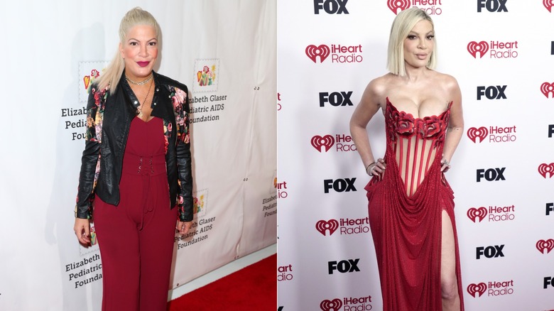 À gauche : L'actrice Tori Spelling assiste à la 28e édition de la Elizabeth Glaser Pediatric AIDS Foundation "Un temps pour les héros" Festival familial aux studios Smashbox le 29 octobre 2017 / À droite : Tori Spelling assiste aux iHeartRadio Music Awards 2026 au Dolby Theatre le 26 mars 2026