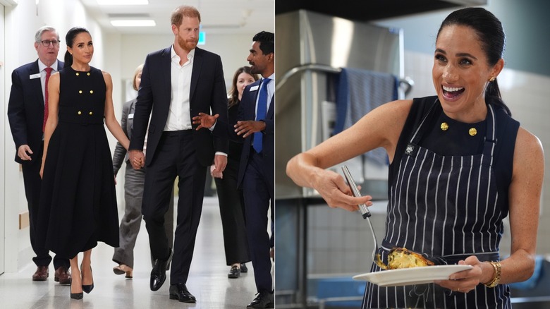 Meghan Markle et le prince Harry assistent à des événements à travers l'Australie tandis que Meghan porte une robe bleu marine longueur thé et des bijoux en or