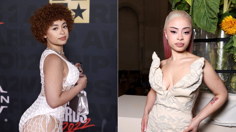 Image partagée d'Ice Spice posant dans une robe blanche puis une robe beige.