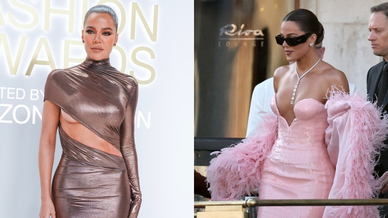 Khloe Kardashian pose dans une robe bronze. Khloe Kardashian porte une robe rose et des lunettes de soleil.
