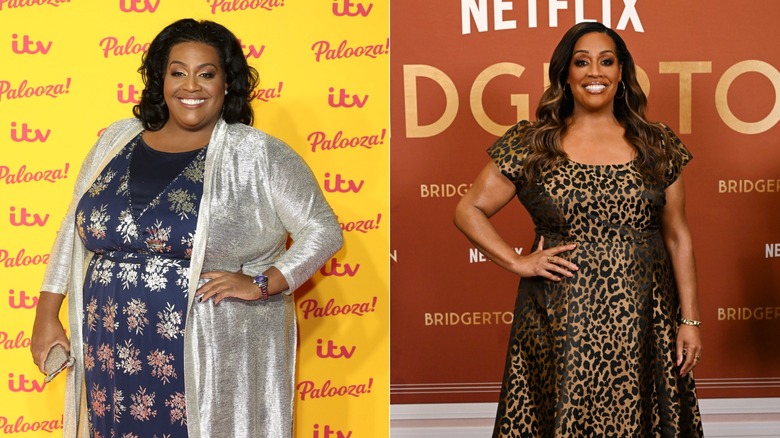 Alison Hammond sourit en portant un cardigan argenté. Alison Hammond sourit dans une robe à imprimé léopard.