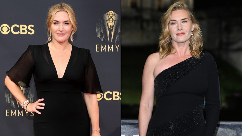 Kate Winslet sourit dans une robe noire. Kate Winslet sourit dans une robe noire à une manche.