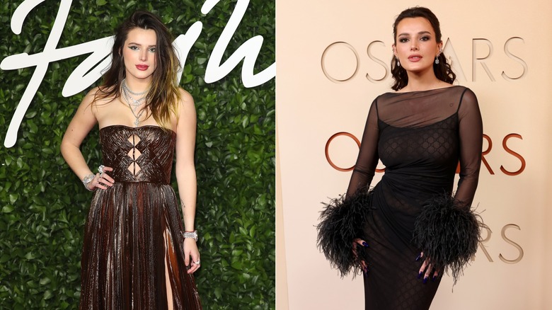 Bella Thorne sourit avec du rouge à lèvres. Bella Thorne porte une robe en maille avec des poignets en plumes.