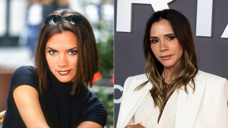 Photos côte à côte comparant une Victoria Beckham jeune et actuelle