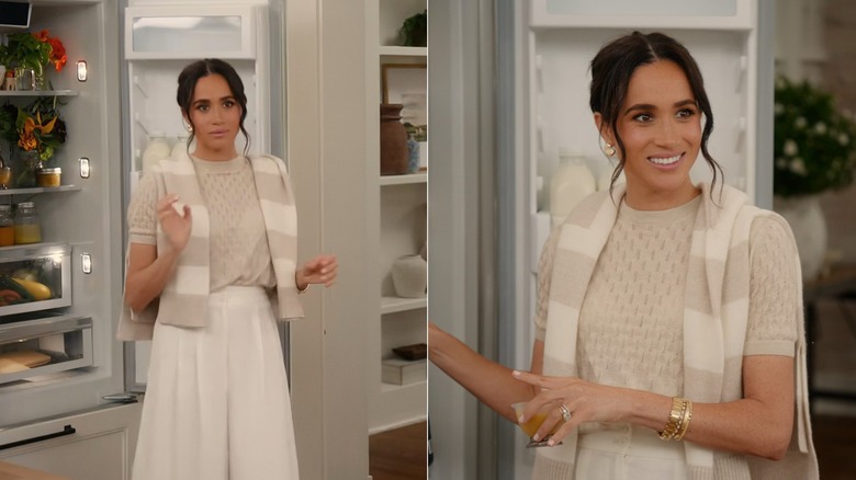 Image partagée de Meghan Markle portant une tenue beige et blanc cassé lors de son émission 