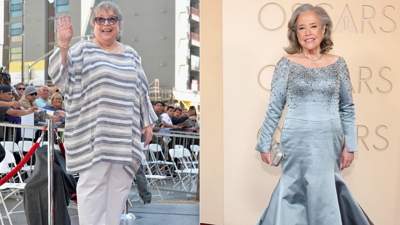 À gauche : l'actrice Kathy Bates assiste à une cérémonie en l'honneur de Kate Winslet avec la 2 520e étoile sur le Hollywood Walk of Fame le 17 mars 2014 / À droite : Kathy Bates assiste à la 98e cérémonie des Oscars au Dolby Theatre le 15 mars 2026