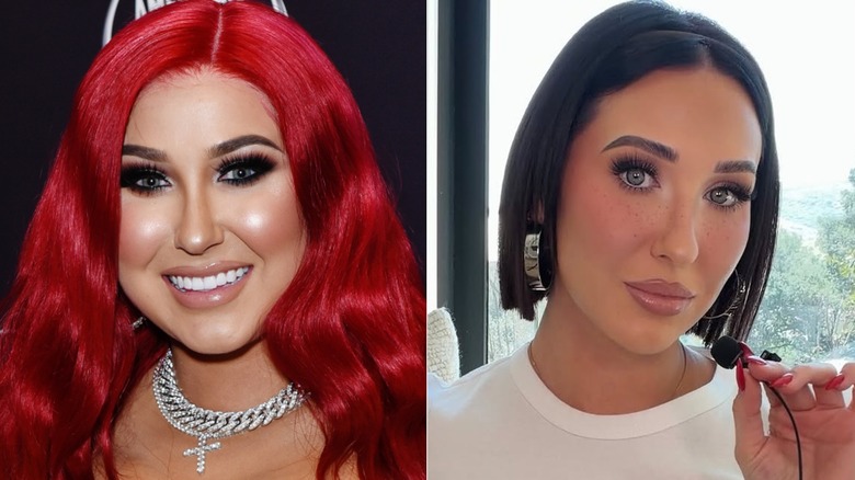 Photos côte à côte de Jaclyn Hill souriante en 2019 et en 2026 avec ses produits de comblement pour le visage dissous
