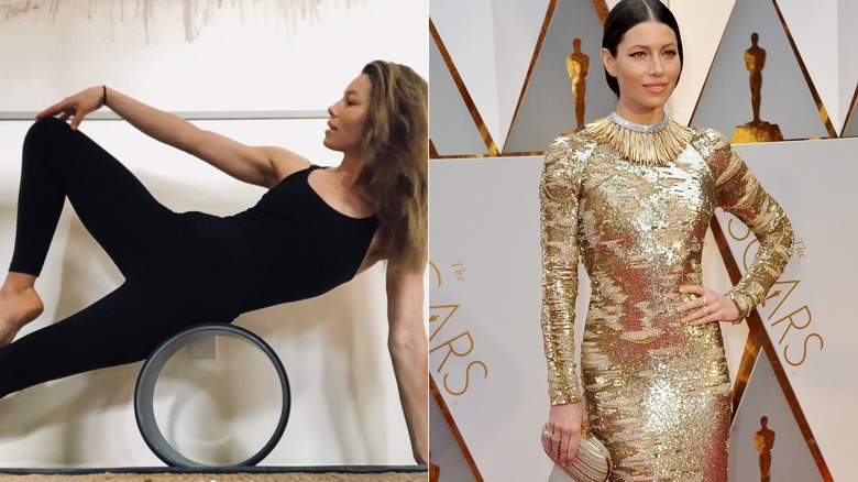 Jessica Biel fait du yoga contre un look tapis rouge