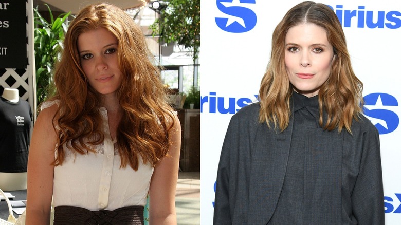 Image partagée de Kate Mara en tant que jeune actrice aux cheveux roux foncé et en 2026 avec les cheveux bruns