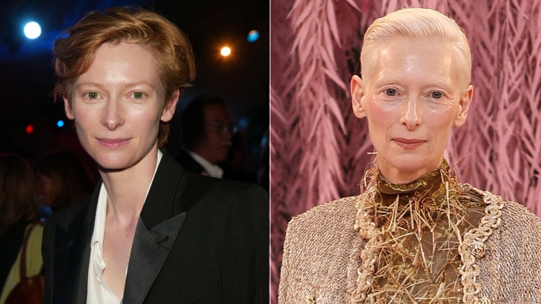 Image partagée Tilda Swinton en jeune acteur aux cheveux roux et sur une photo contemporaine aux cheveux blond platine