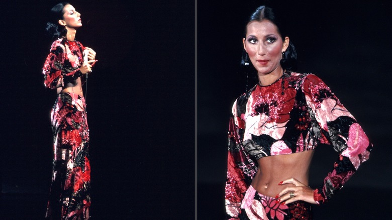 Image partagée de Cher portant une tenue deux pièces rouge et rose pendant son spectacle