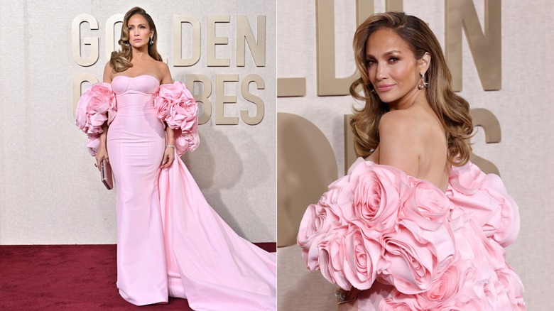 Jennifer Lopez aux Golden Globe Awards 2024, vêtue d'une robe rose fleurie