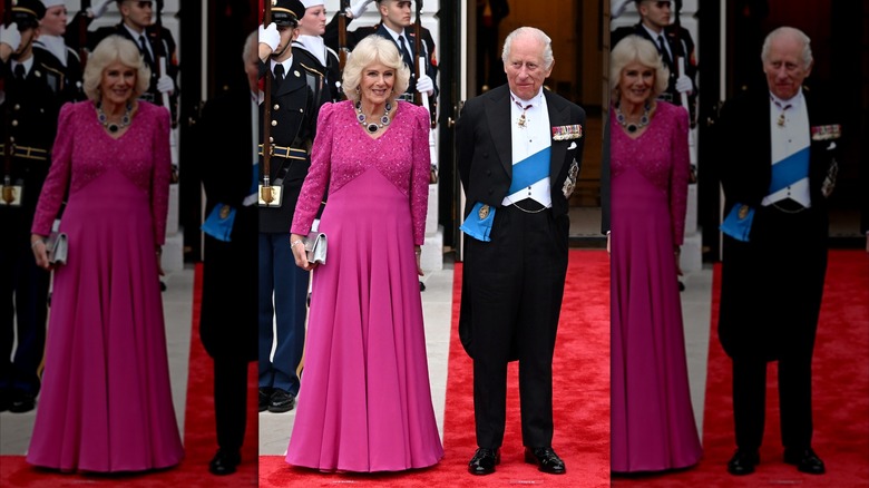 La reine Camilla et le roi Charles III posent dehors lors d'un dîner d'État officiel offert par le président et la première dame à la Maison Blanche le deuxième jour de la visite d'État aux États-Unis d'Amérique en avril 2026.