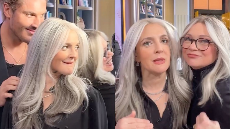 Drew Barrymore et Valerie Bertinelli portant des perruques gris glacé