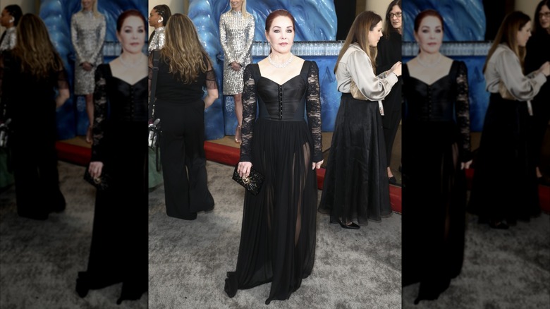 Priscilla Presley portant une robe en dentelle et en cuir lors d'un événement des Golden Globes