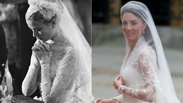 Grace Kelly agenouillée dans une église et Kate Middleton le jour de son mariage regardant la caméra