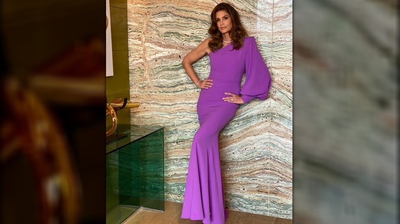 Cindy Crawford en robe violette Alex Perry