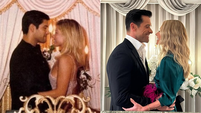 Photos côte à côte de Kelly Ripa et Mark Consuelos, se mariant en 1996 et recréant la photo en 2024