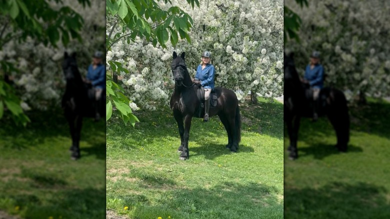 Martha Stewart chevauchant un cheval noir près d'arbres en fleurs