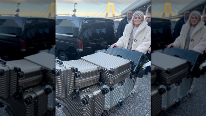 Martha Stewart faisant rouler un chariot avec sept valises argentées