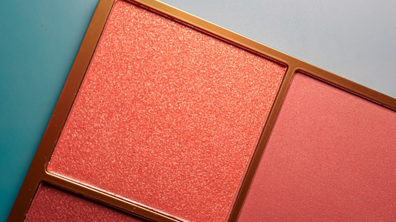 Une teinte corail pailletée de blush dans une palette de maquillage