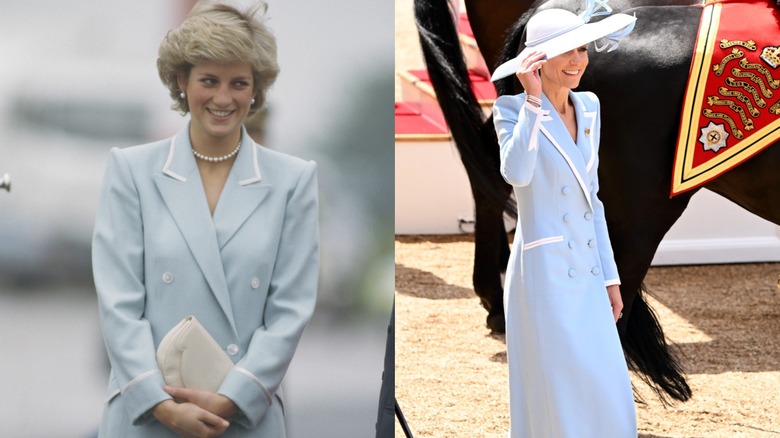 La princesse de Galles porte un blazer bleu et blanc aux côtés de la princesse Diana dans un manteau similaire