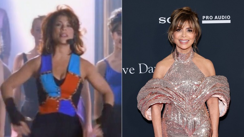 Paula Abdul portant un gilet patchwork / Paula Abdul sourit vêtue d'une robe incrustée