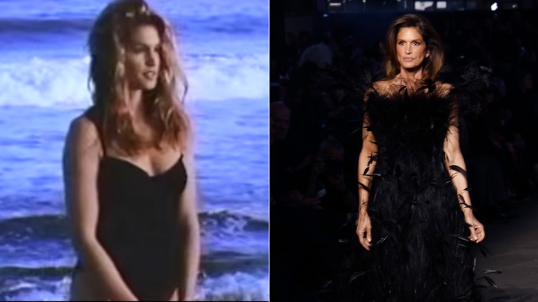 Cindy Crawford porte un justaucorps noir / Cindy Crawford se promène vêtue d'une robe noire à plumes