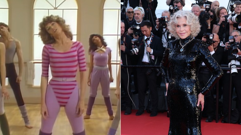 Jane Fonda s'entraîne avec un justaucorps rayé / Jane Fonda pose avec une robe à sequins