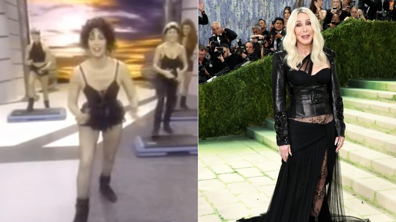 Cher défile vêtu d'un justaucorps noir et d'un tutu / Cher pose portant un corset en cuir