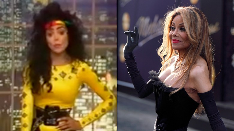 La Toya Jackson pose avec un justaucorps jaune / La Toya Jackson sourit avec des gants noirs et du rouge à lèvres