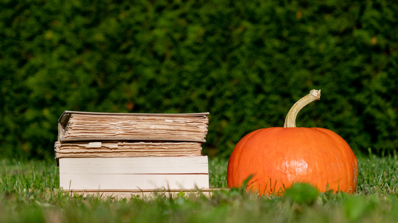 Pile de livres usés assis dans l'herbe verte à côté d'une citrouille orange