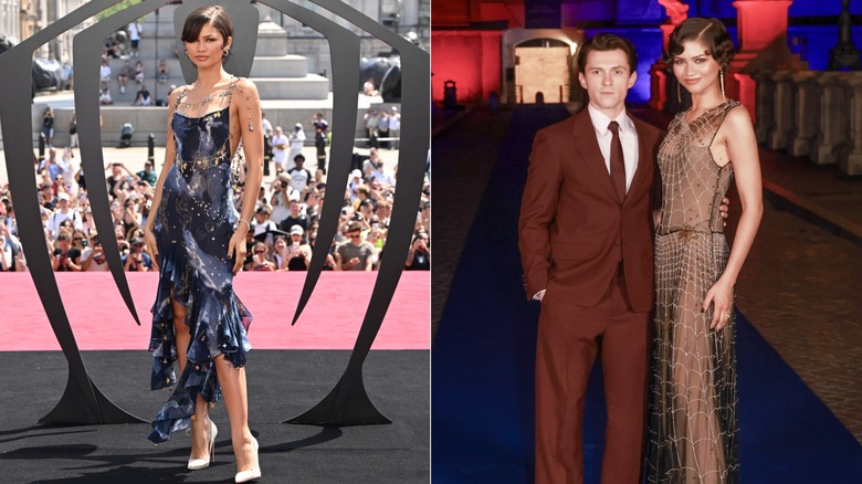 Une image de Zendaya à Londres dans une robe bleu nuit et encore avec Tom Holland dans une robe araignée marron à Rome